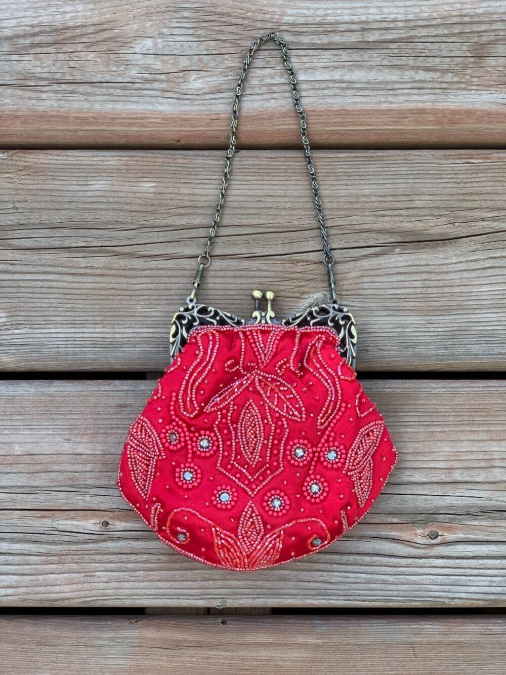 Vintage Y2K Beaded Red Evening Bag Handbag Purse Gold Chain Prom Wedding Gala - Picture 2 of 12